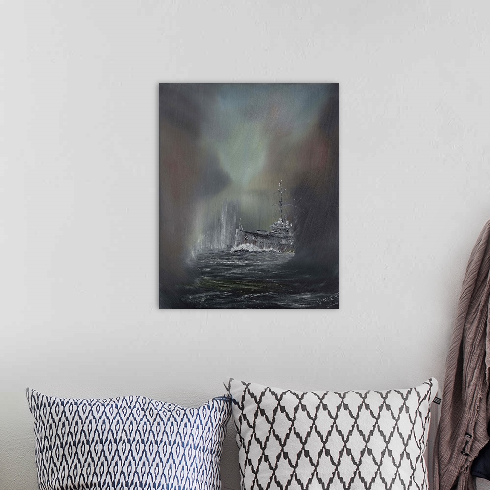 A bohemian room featuring Contemporary painting of a ship on rough seas.