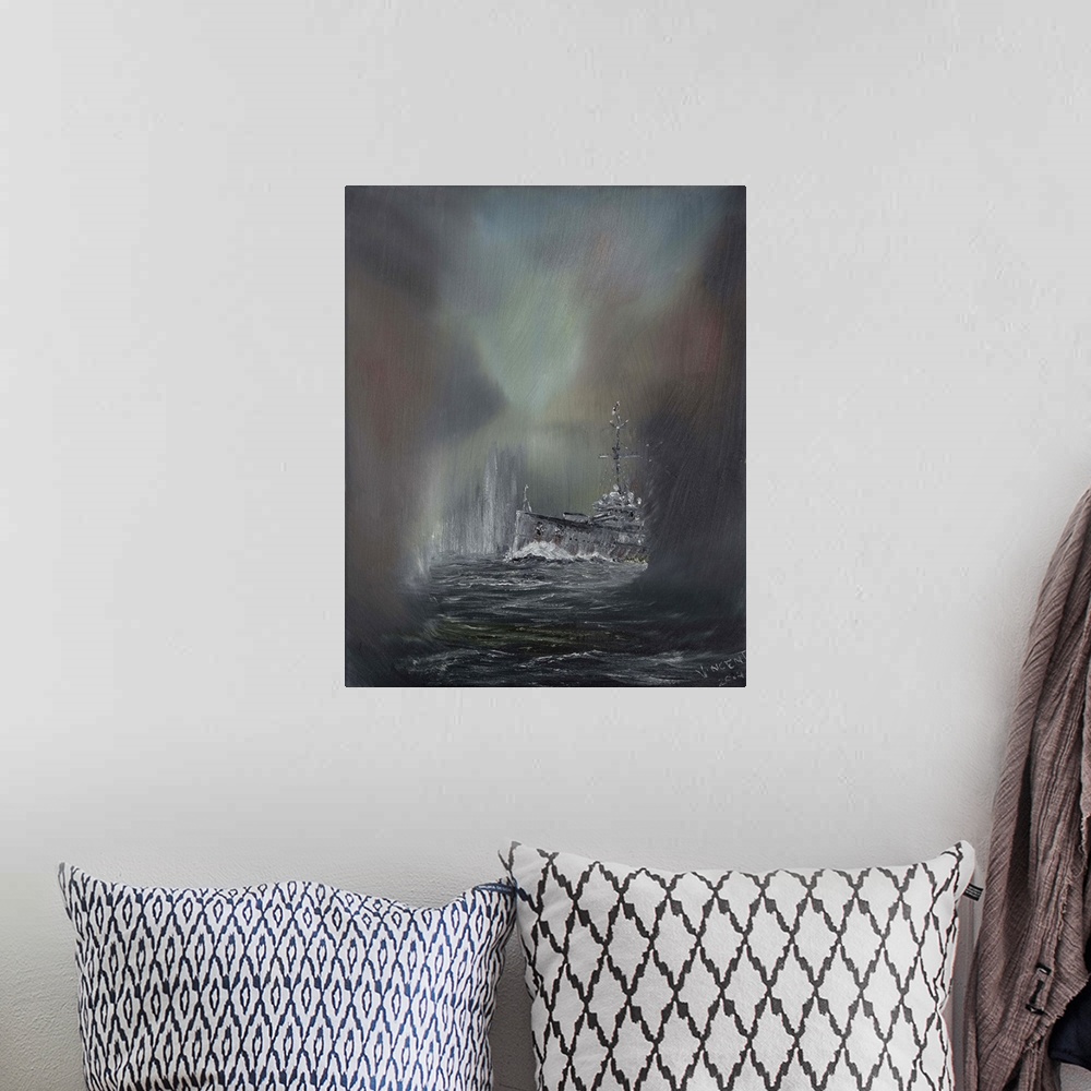 A bohemian room featuring Contemporary painting of a ship on rough seas.
