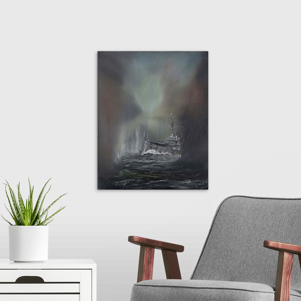 A modern room featuring Contemporary painting of a ship on rough seas.
