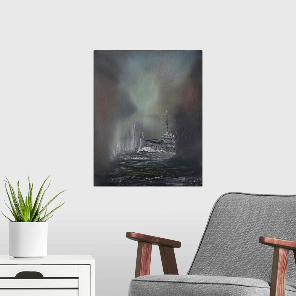 A modern room featuring Contemporary painting of a ship on rough seas.
