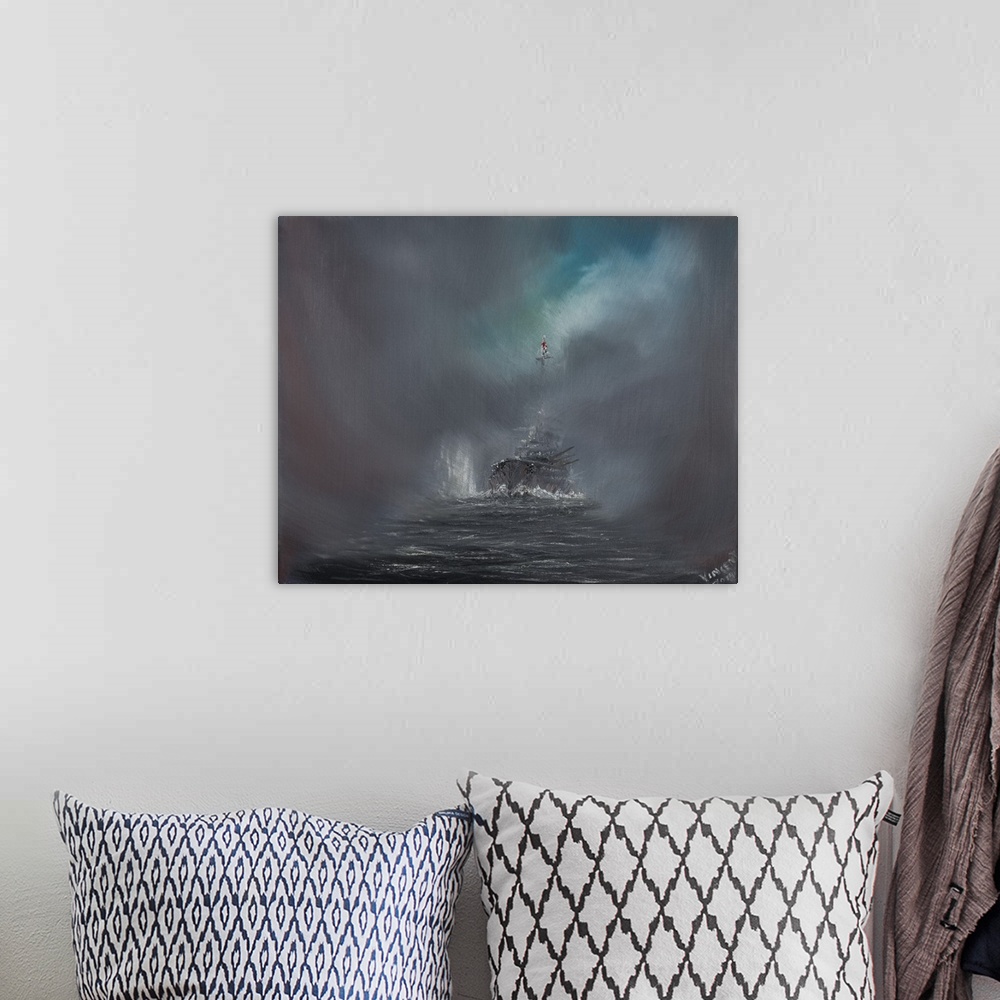 A bohemian room featuring Contemporary painting of a battleship riding rough seas.