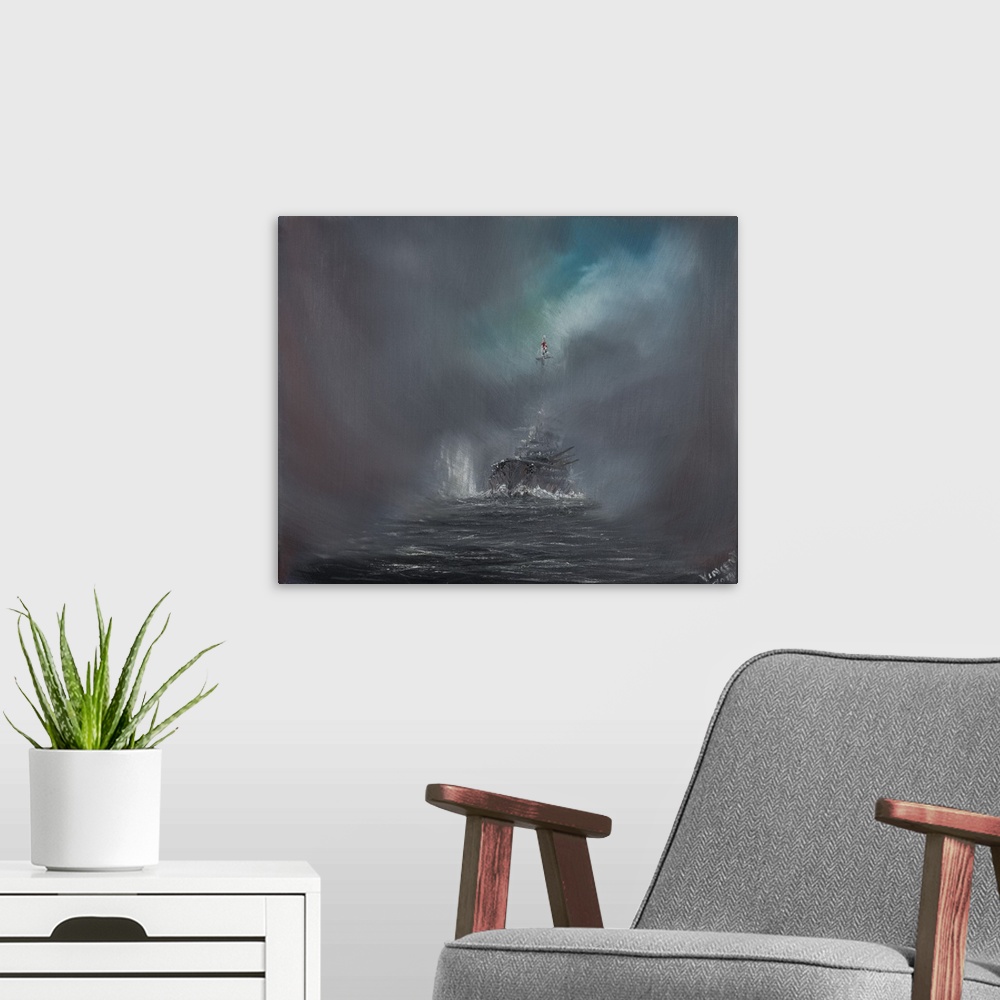A modern room featuring Contemporary painting of a battleship riding rough seas.