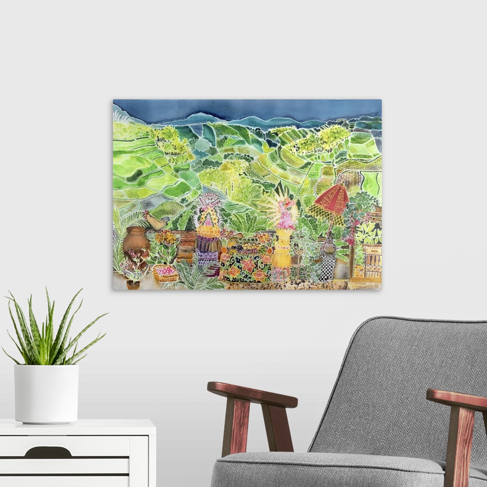 A modern room featuring Contemporary painting of a terrace with flowers overlooking a valley landscape.