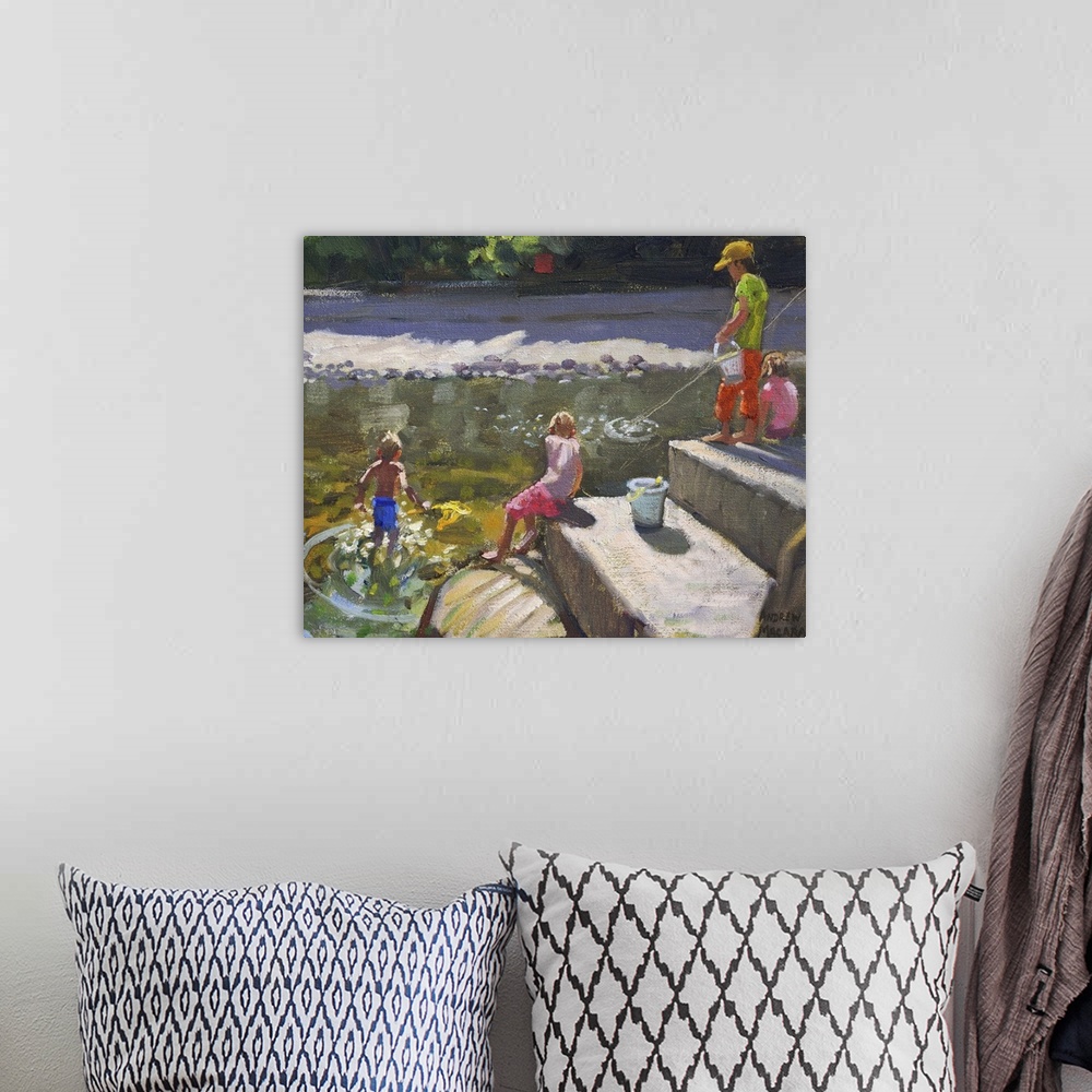 A bohemian room featuring Contemporary painting of children sitting on large stones and fishing in a river.