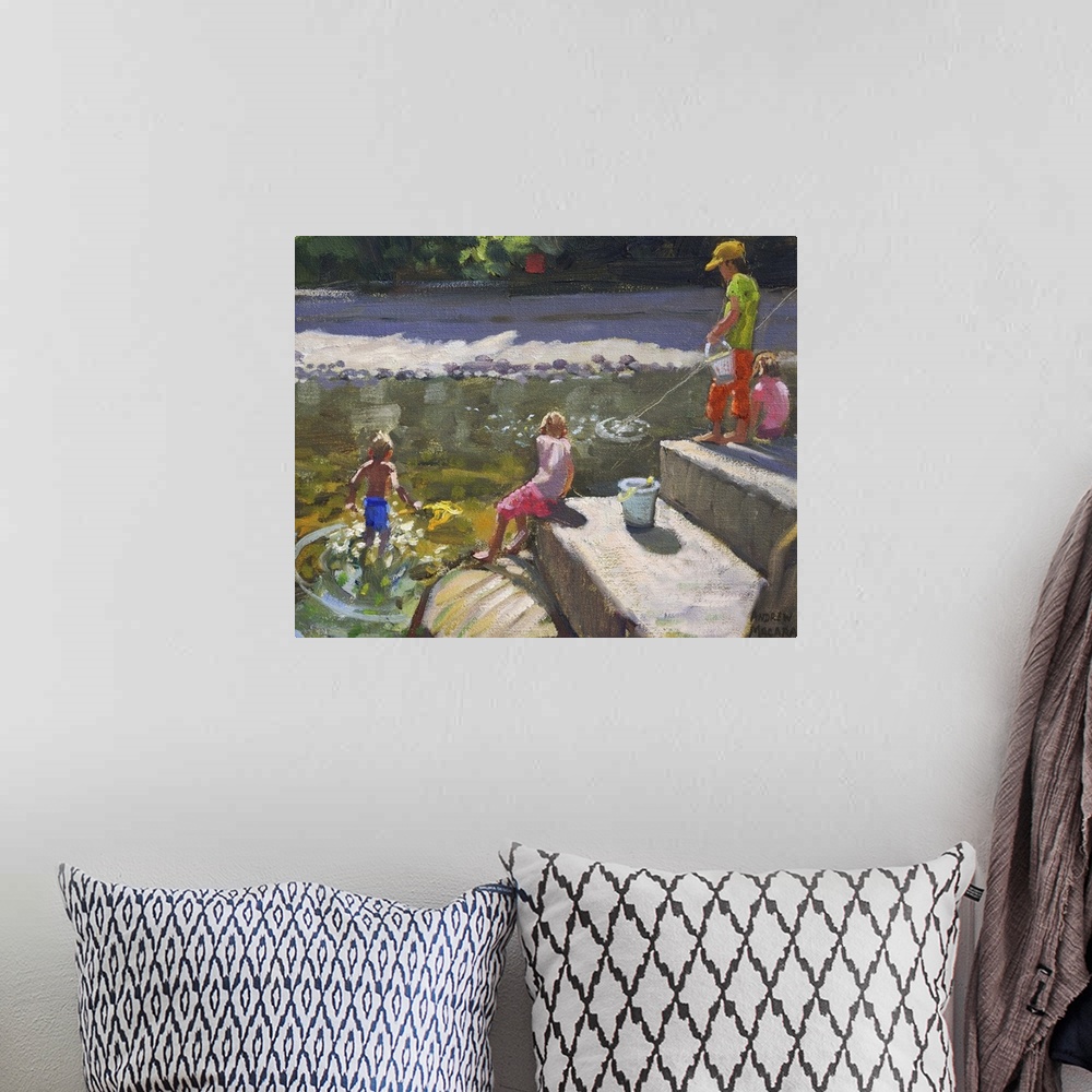A bohemian room featuring Contemporary painting of children sitting on large stones and fishing in a river.