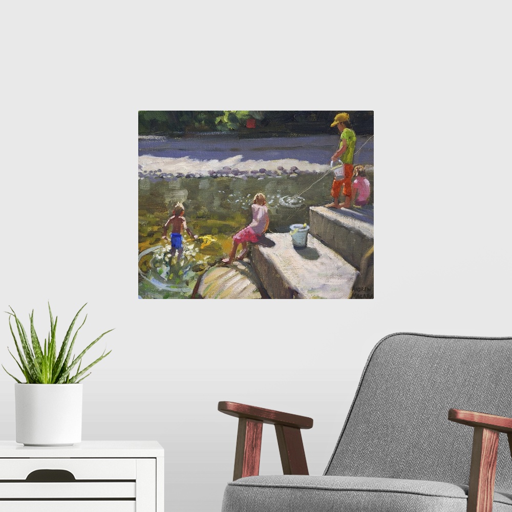 A modern room featuring Contemporary painting of children sitting on large stones and fishing in a river.