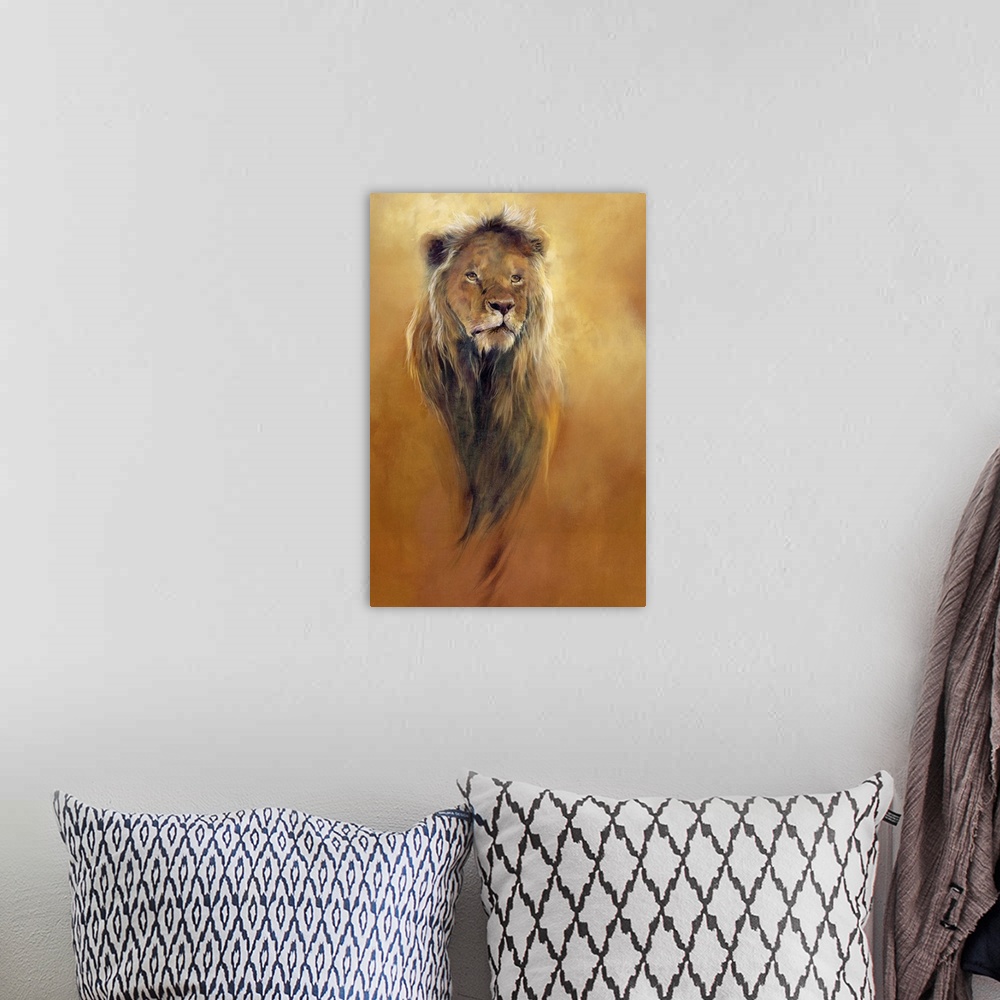A bohemian room featuring Big, portrait artwork on canvas of the face of a male lion, looking forward.  His mane flows down...