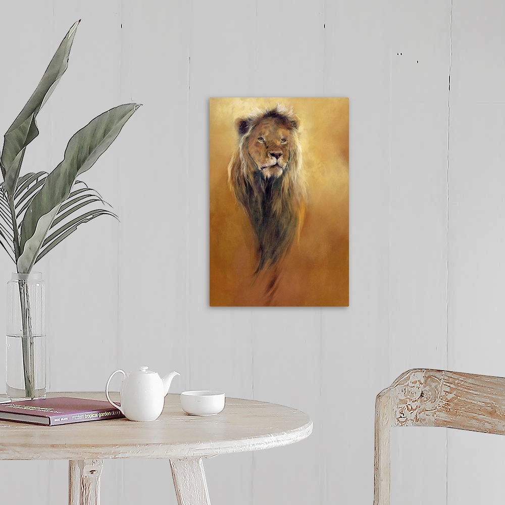A farmhouse room featuring Big, portrait artwork on canvas of the face of a male lion, looking forward.  His mane flows down...