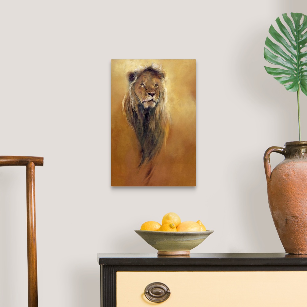 A traditional room featuring Big, portrait artwork on canvas of the face of a male lion, looking forward.  His mane flows down...