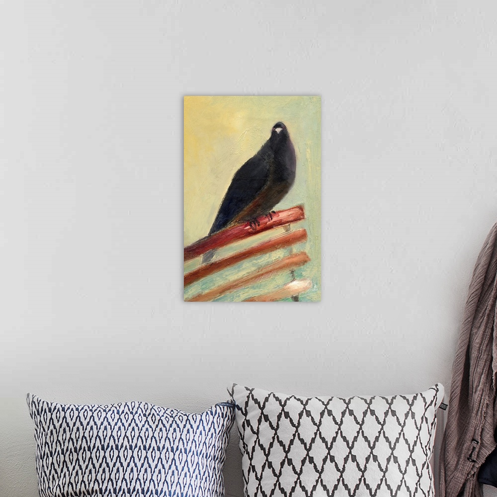 A bohemian room featuring Contemporary painting of a black bird sitting on the back of a chair.