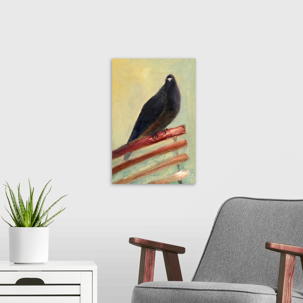 A modern room featuring Contemporary painting of a black bird sitting on the back of a chair.