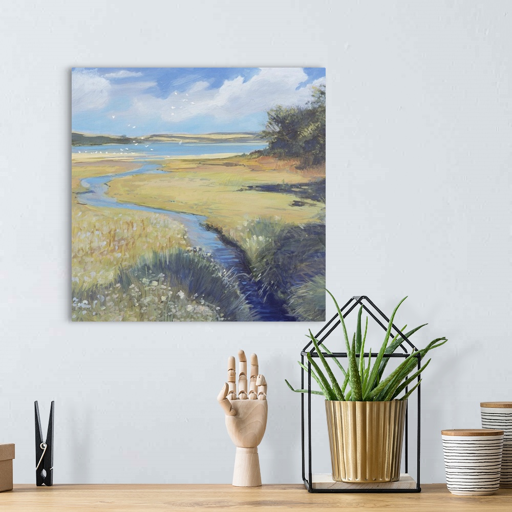 A bohemian room featuring Contemporary painting of a small stream in the English countryside.