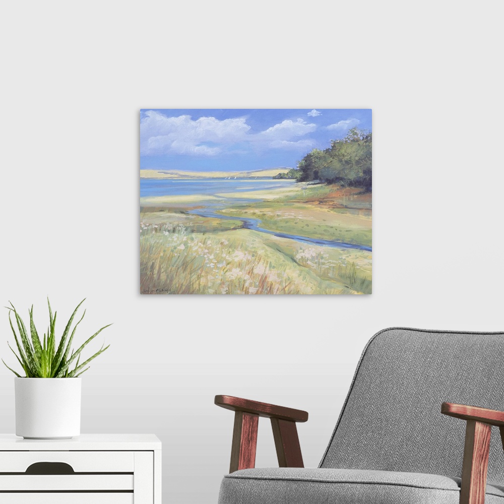 A modern room featuring Contemporary painting of a small stream in the English countryside.