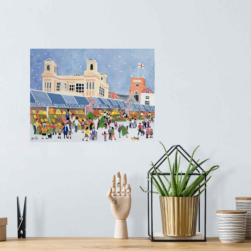 A bohemian room featuring Contemporary painting of people at a busy outdoor market.