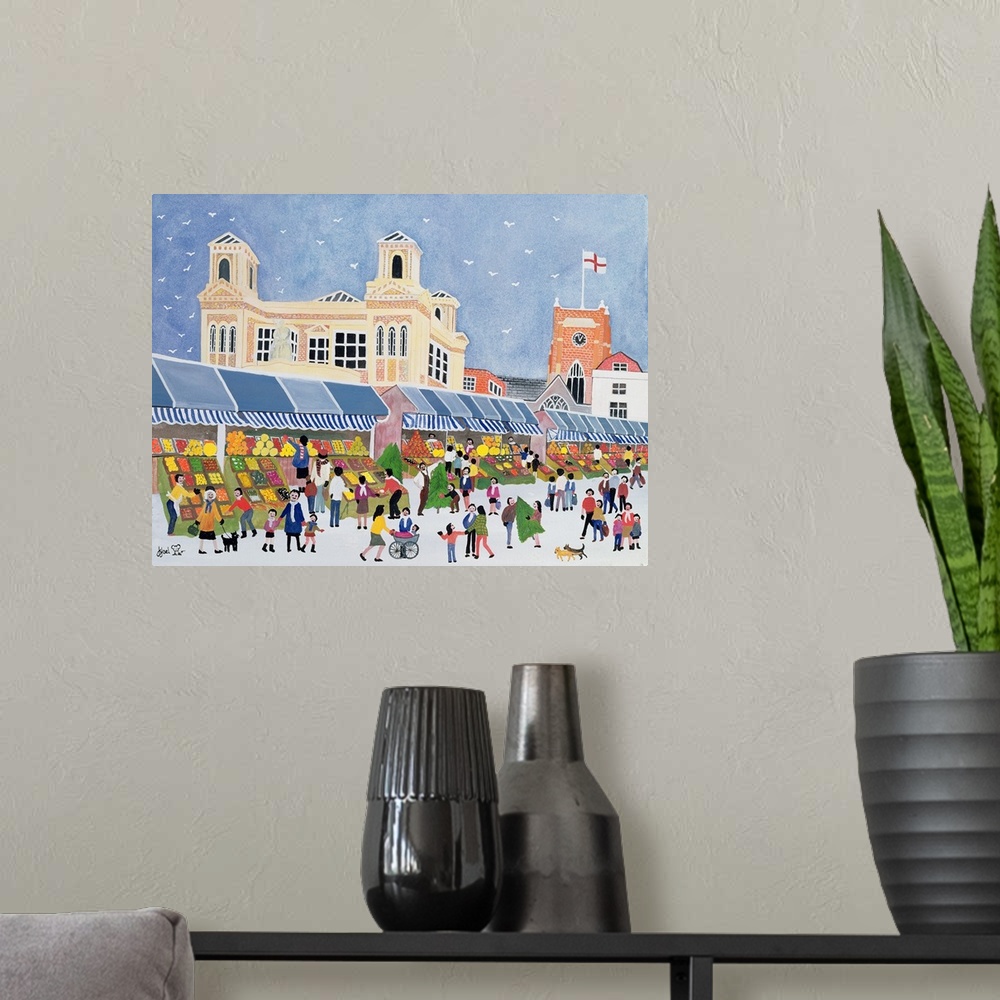 A modern room featuring Contemporary painting of people at a busy outdoor market.