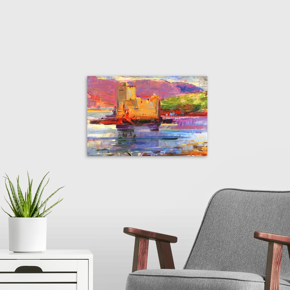 A modern room featuring Kisimul Castle and Vatersay, 2012, originally oil on canvas.