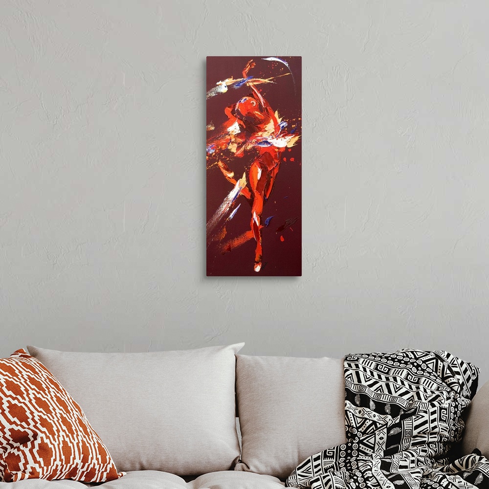 A bohemian room featuring Contemporary painting using deep warm colors to create a woman dancing against a dark red backgro...