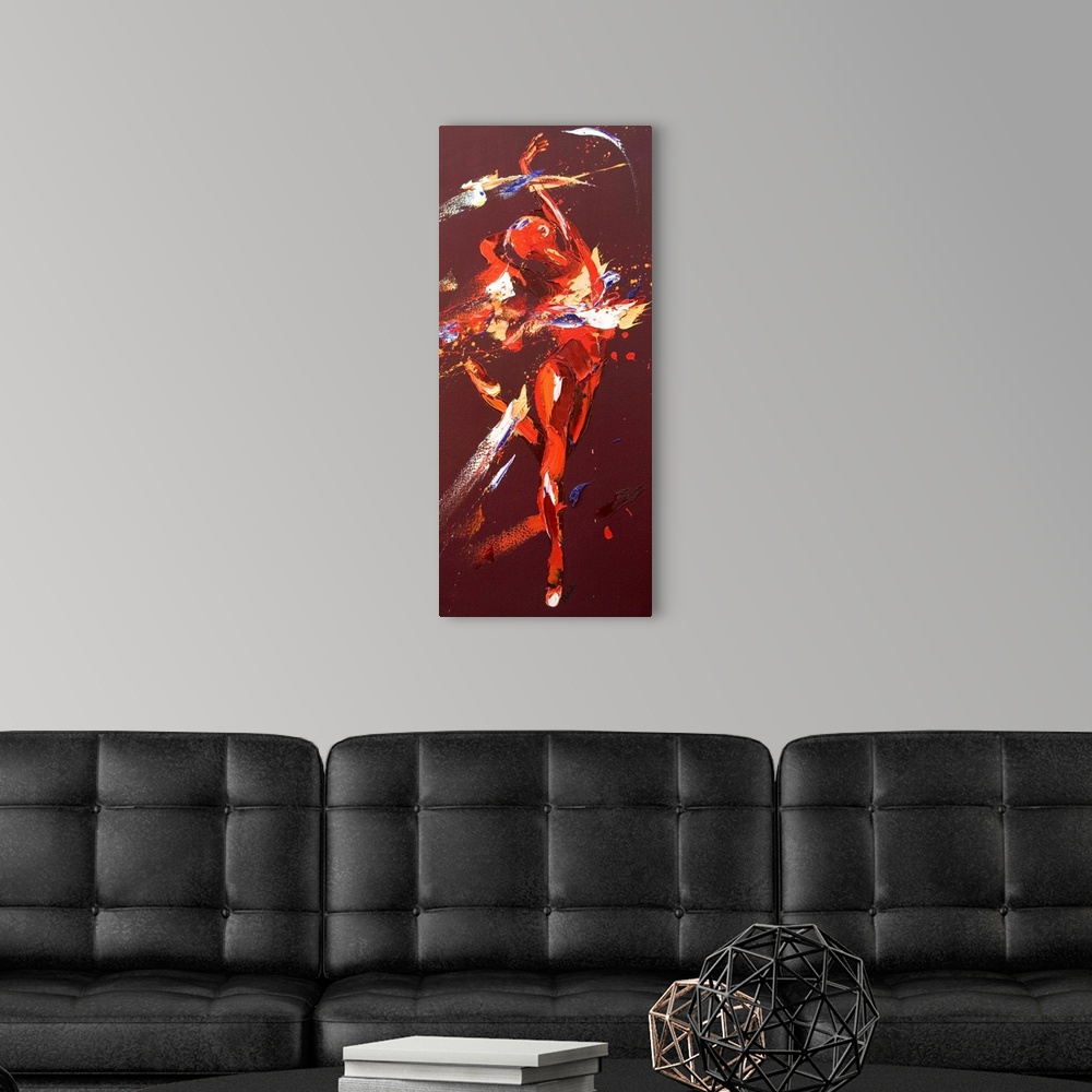 A modern room featuring Contemporary painting using deep warm colors to create a woman dancing against a dark red backgro...