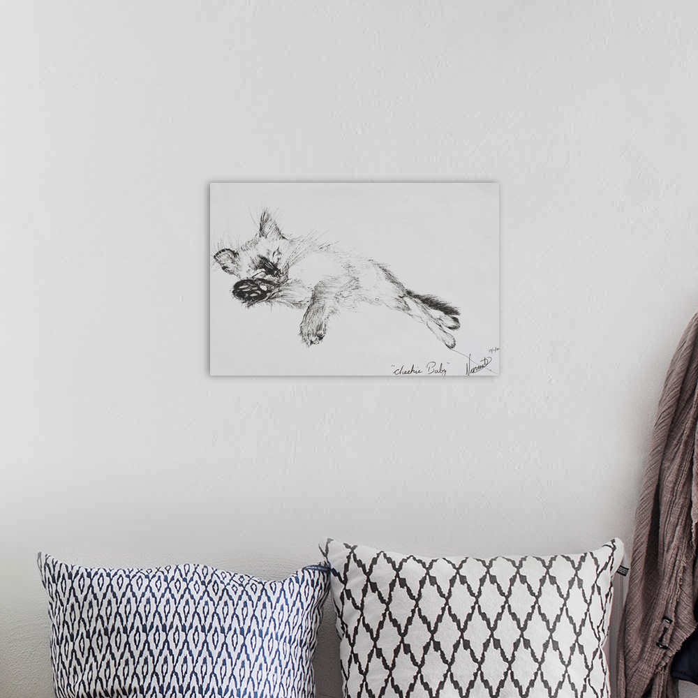 A bohemian room featuring Contemporary illustration of a kitten sleeping soundly.