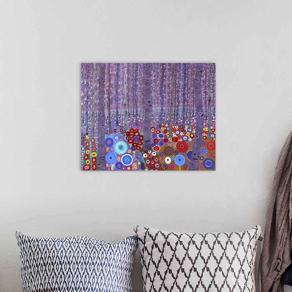 A bohemian room featuring Klimt's Forest, 2010, (acrylic on canvas)