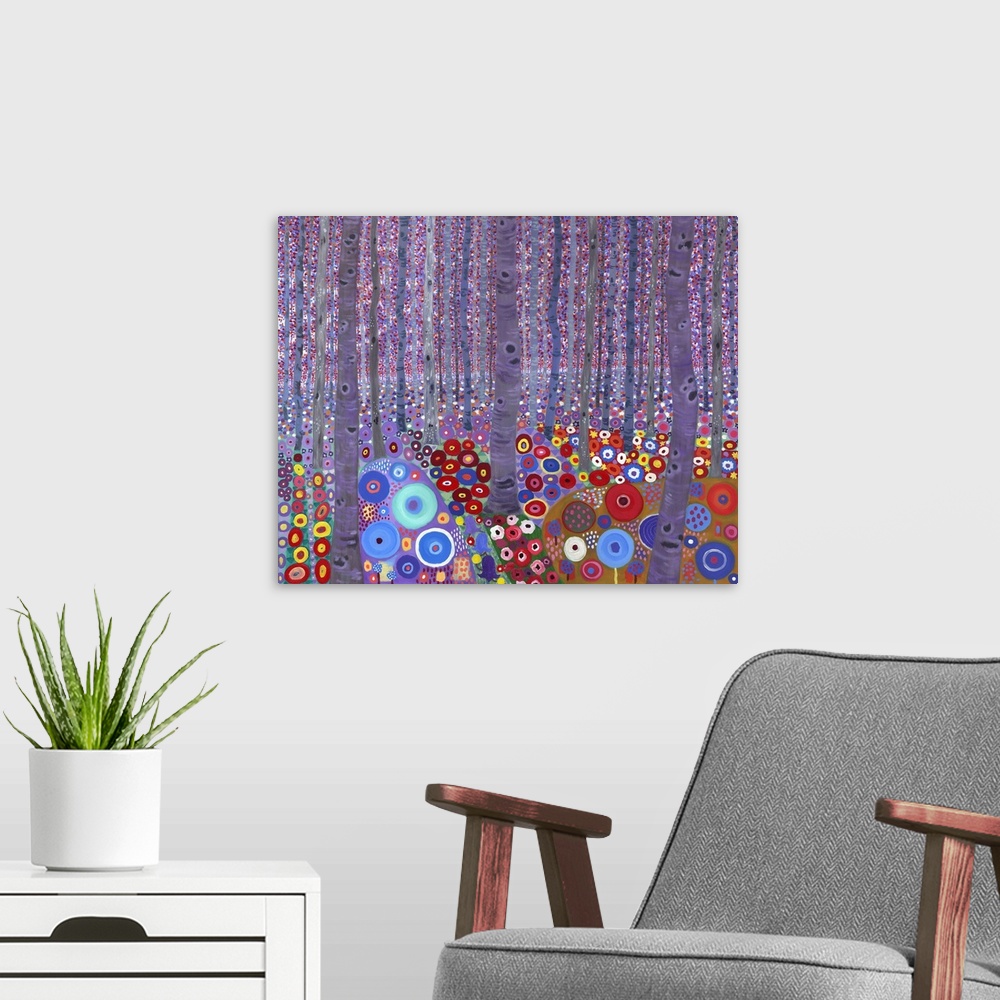 A modern room featuring Klimt's Forest, 2010, (acrylic on canvas)