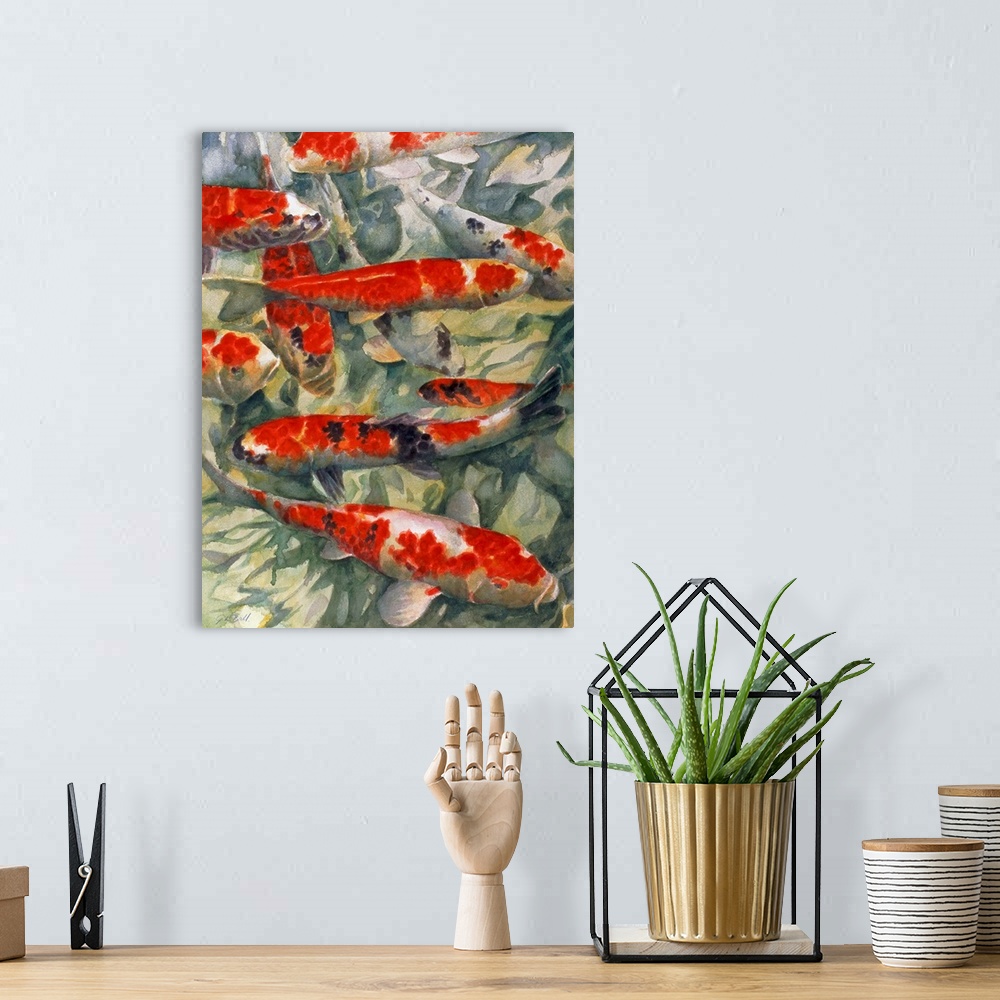 A bohemian room featuring Contemporary painting of a group of red and white koi fish in a pond.