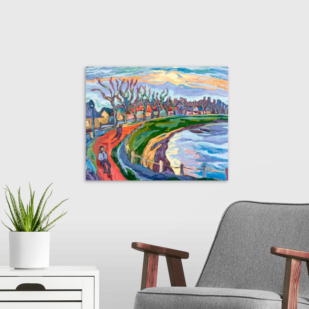 A modern room featuring Abstract artwork that shows a path with two people walking on it with a line of houses and trees ...