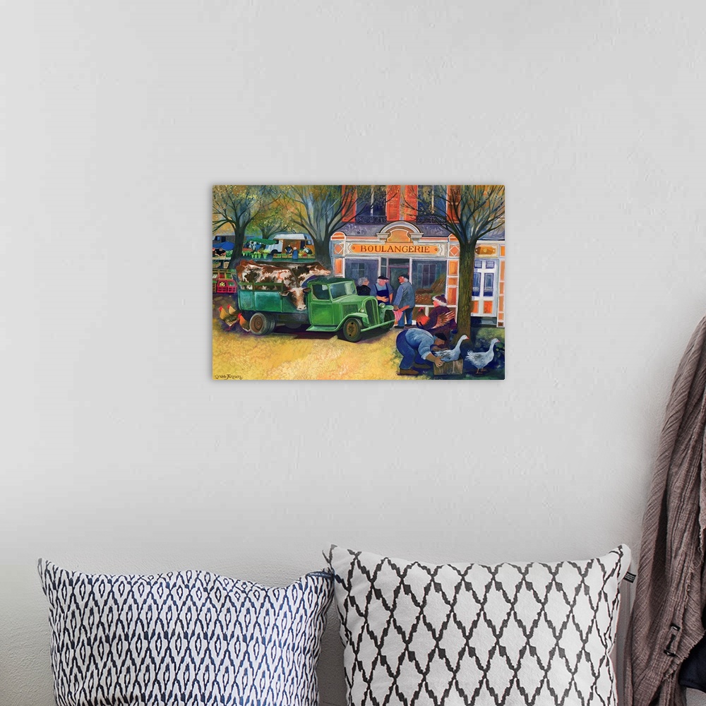 A bohemian room featuring Contemporary painting of a pickup truck unloading in front of a bakery.