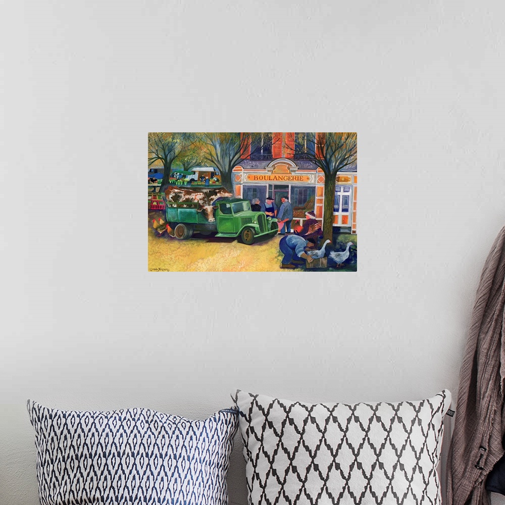 A bohemian room featuring Contemporary painting of a pickup truck unloading in front of a bakery.