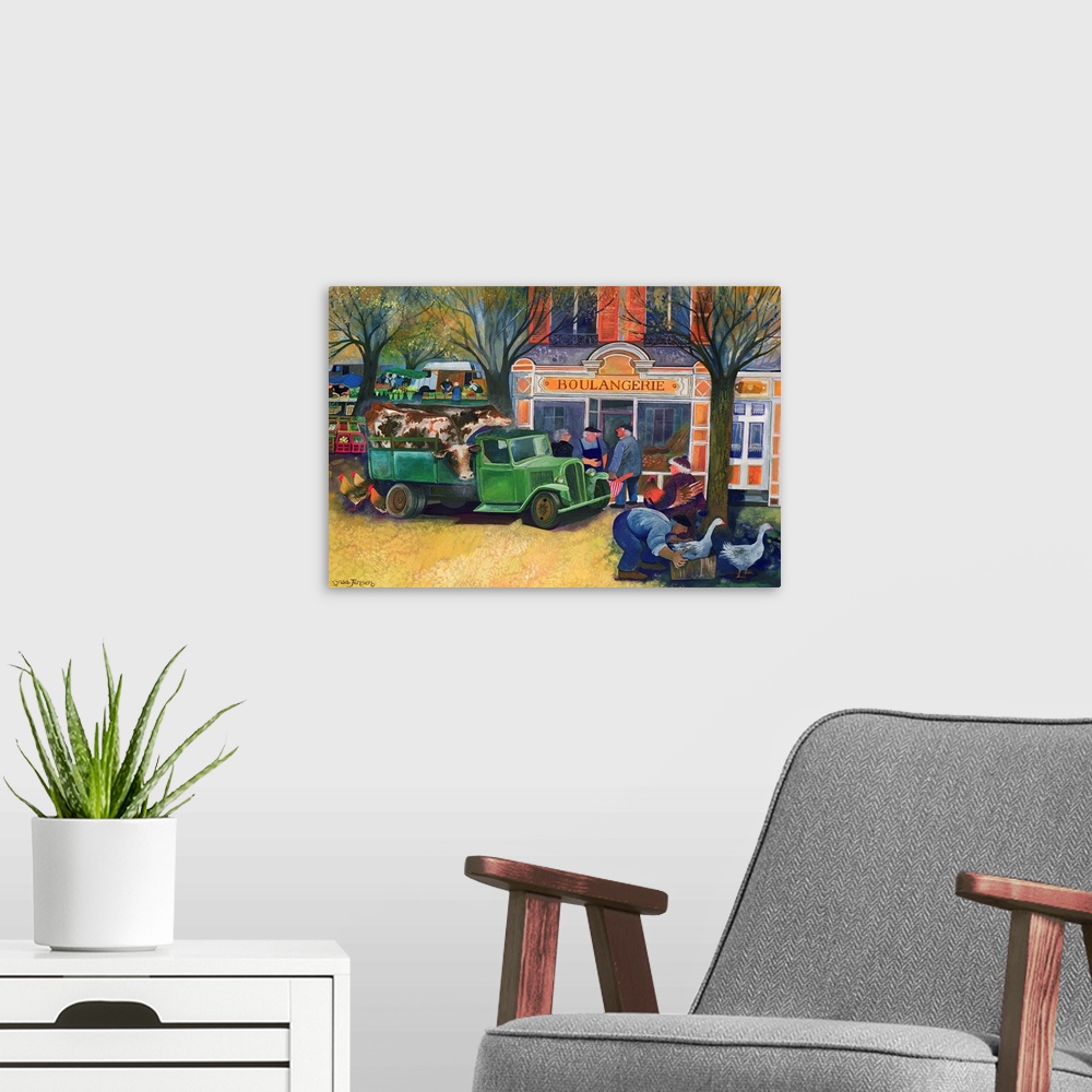 A modern room featuring Contemporary painting of a pickup truck unloading in front of a bakery.