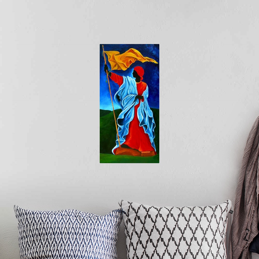 A bohemian room featuring Contemporary painting of a woman wearing red and blue robes flying a yellow flag.