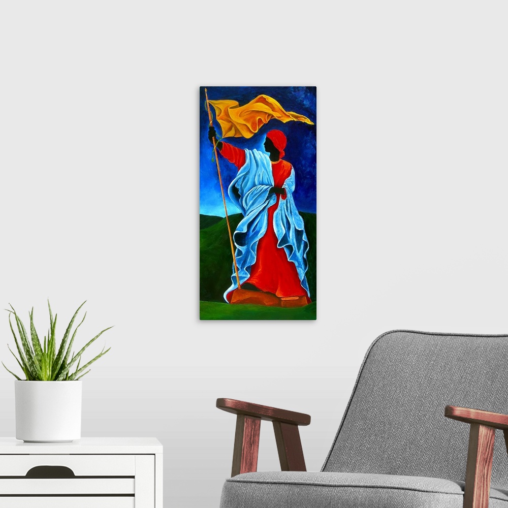 A modern room featuring Contemporary painting of a woman wearing red and blue robes flying a yellow flag.