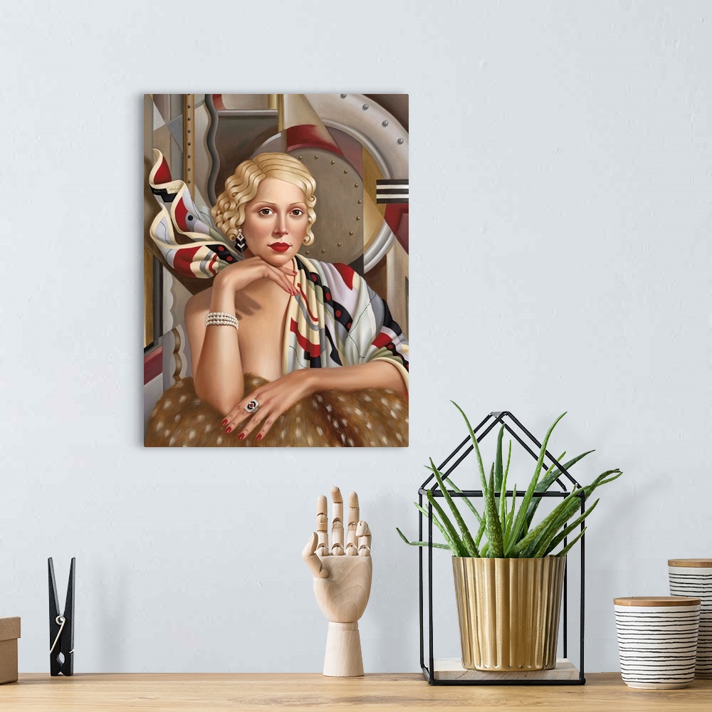 A bohemian room featuring Contemporary art deco style painting of a woman with blonde hair against a geometric abstract bac...