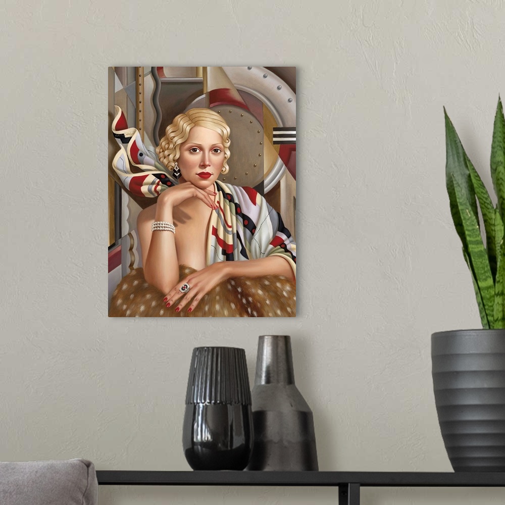 A modern room featuring Contemporary art deco style painting of a woman with blonde hair against a geometric abstract bac...