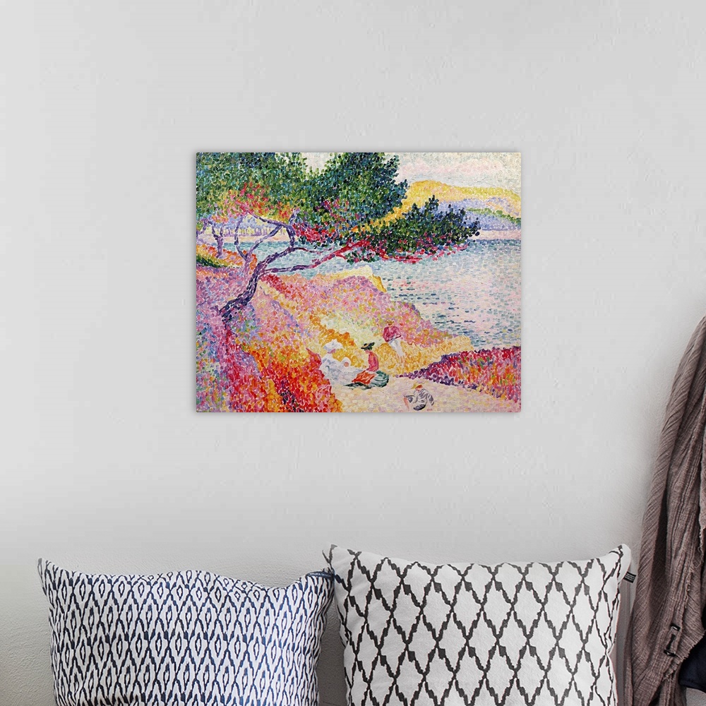 A bohemian room featuring Oil painting of  people siting near a waterfront made up of little strokes of color.