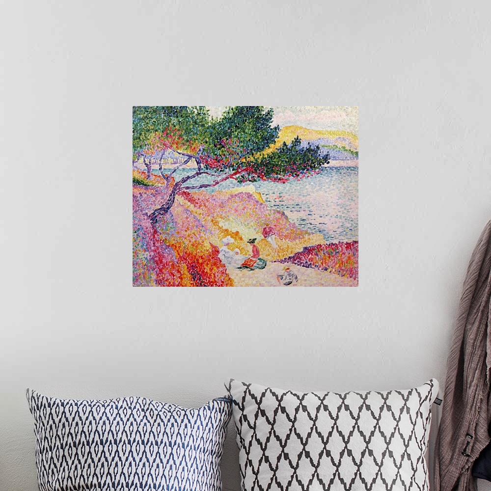 A bohemian room featuring Oil painting of  people siting near a waterfront made up of little strokes of color.