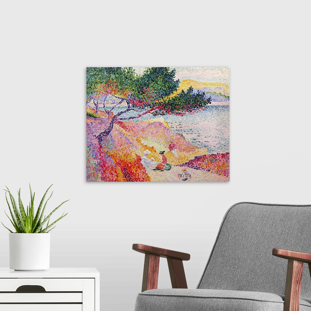 A modern room featuring Oil painting of  people siting near a waterfront made up of little strokes of color.
