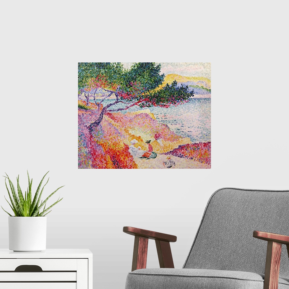 A modern room featuring Oil painting of  people siting near a waterfront made up of little strokes of color.