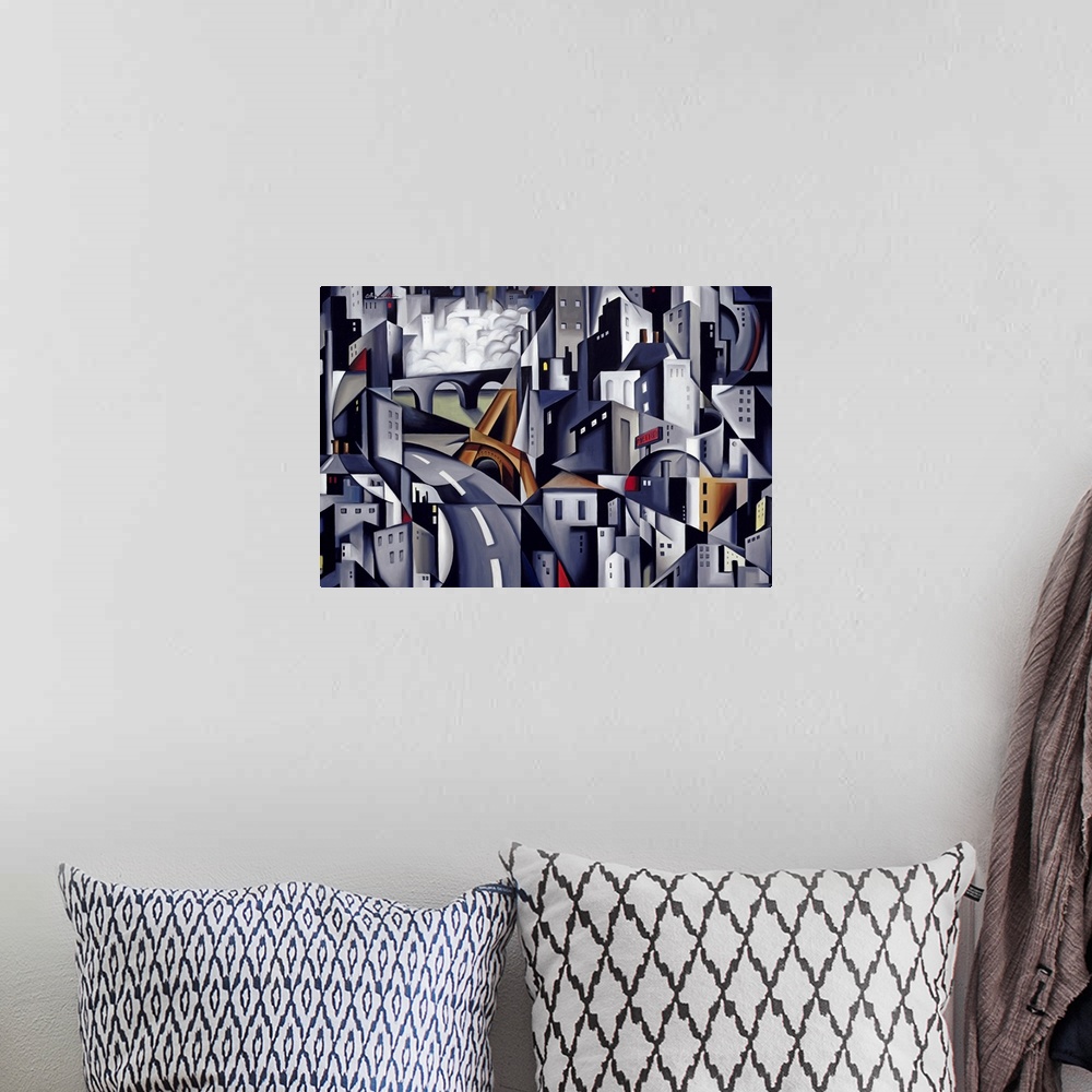 A bohemian room featuring Abstract artwork of a city that has the buildings and streets pieced together with different shap...