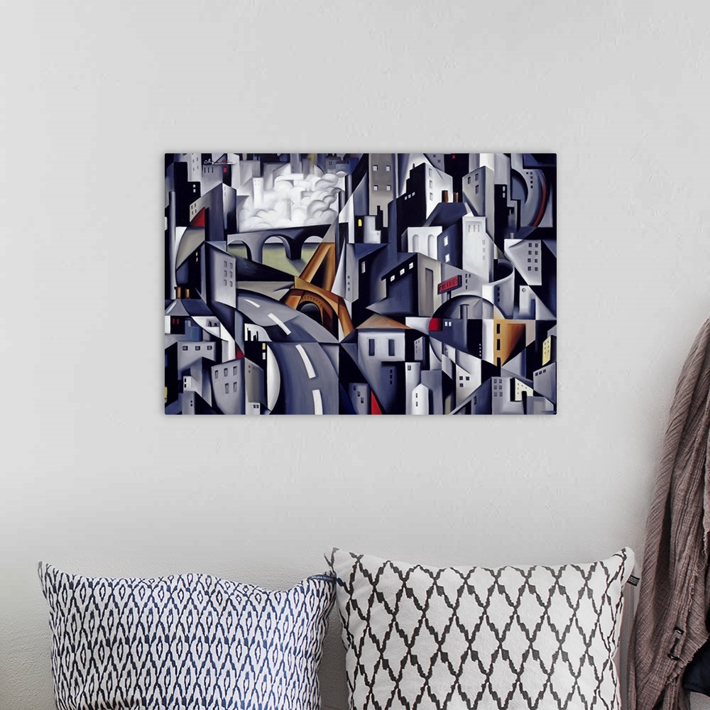 A bohemian room featuring Abstract artwork of a city that has the buildings and streets pieced together with different shap...