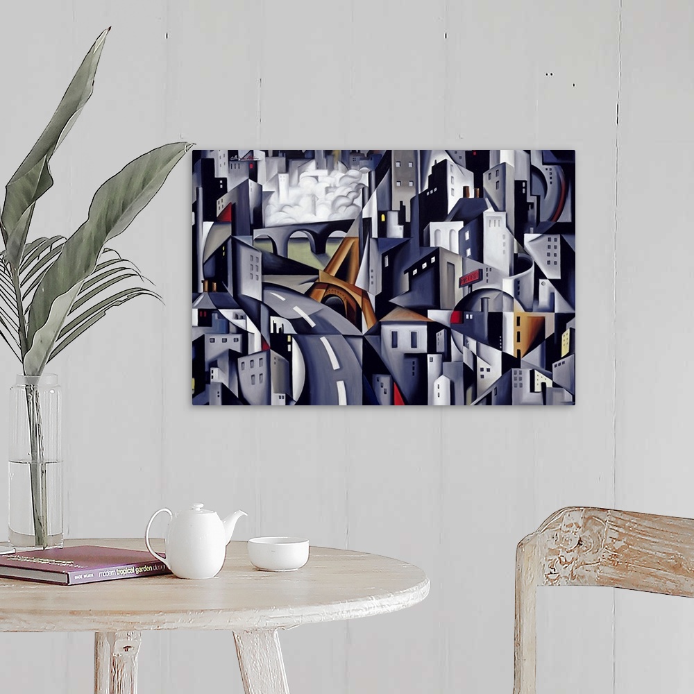 A farmhouse room featuring Abstract artwork of a city that has the buildings and streets pieced together with different shap...