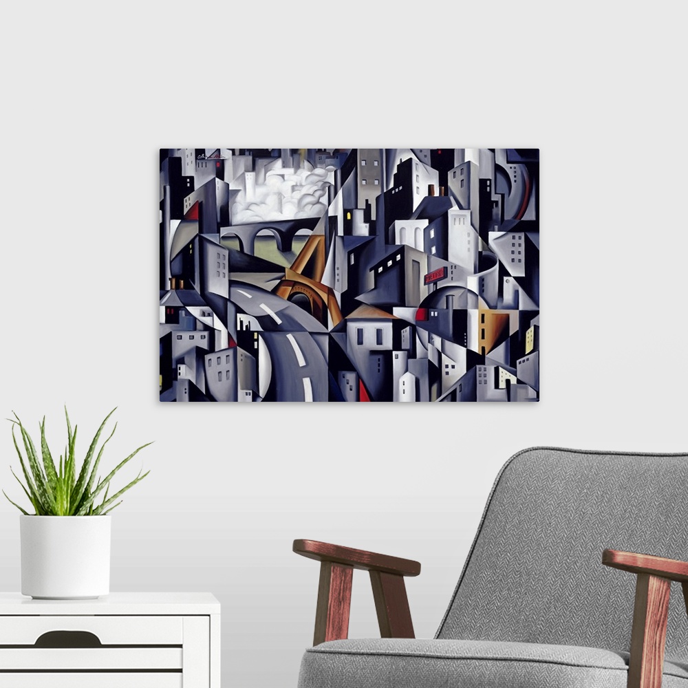 A modern room featuring Abstract artwork of a city that has the buildings and streets pieced together with different shap...