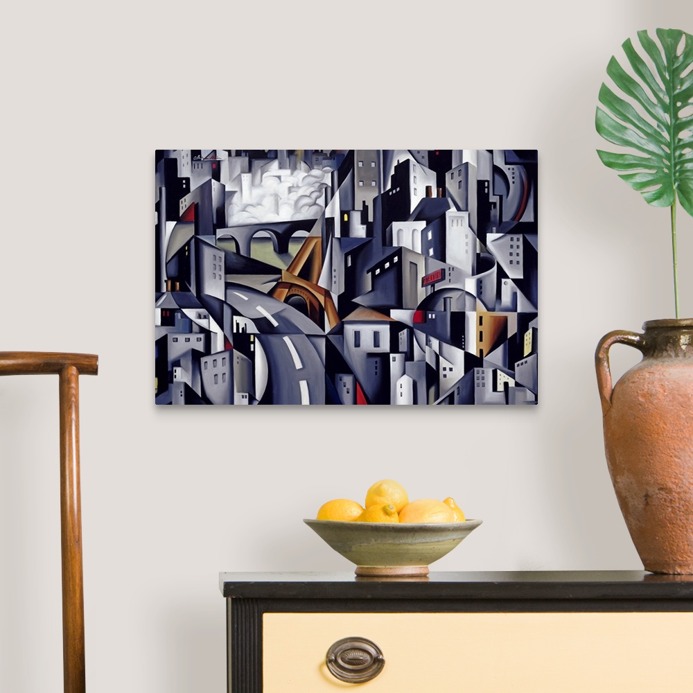 A traditional room featuring Abstract artwork of a city that has the buildings and streets pieced together with different shap...