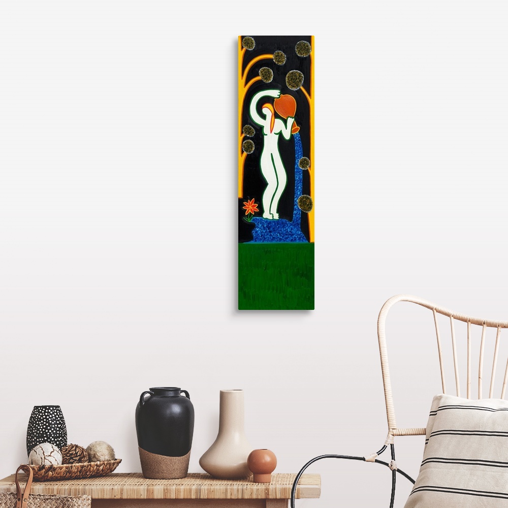 A farmhouse room featuring Contemporary painting of a woman pouring water from an urn.