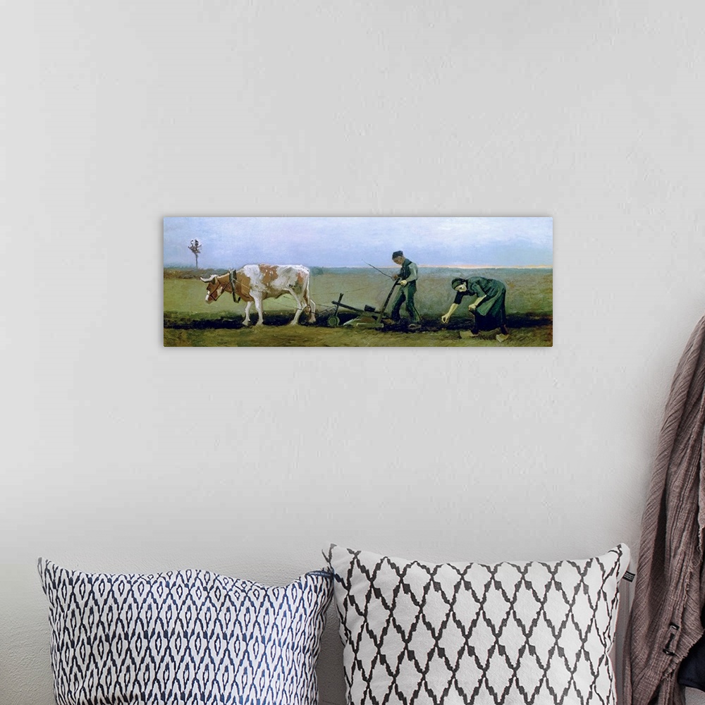 A bohemian room featuring Panoramic classic art features two individuals manually ploughing a field behind a ox while they ...