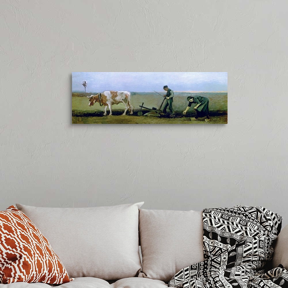 A bohemian room featuring Panoramic classic art features two individuals manually ploughing a field behind a ox while they ...