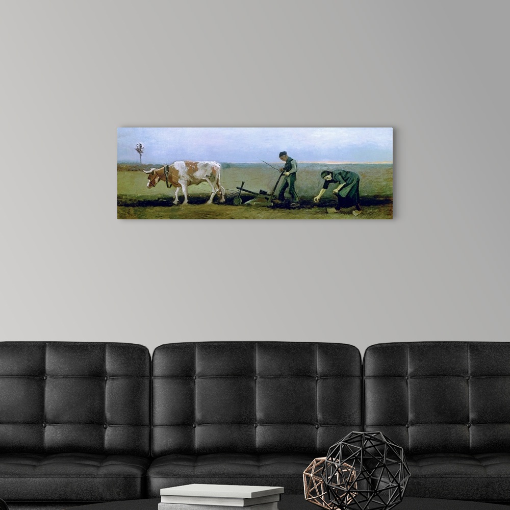 A modern room featuring Panoramic classic art features two individuals manually ploughing a field behind a ox while they ...