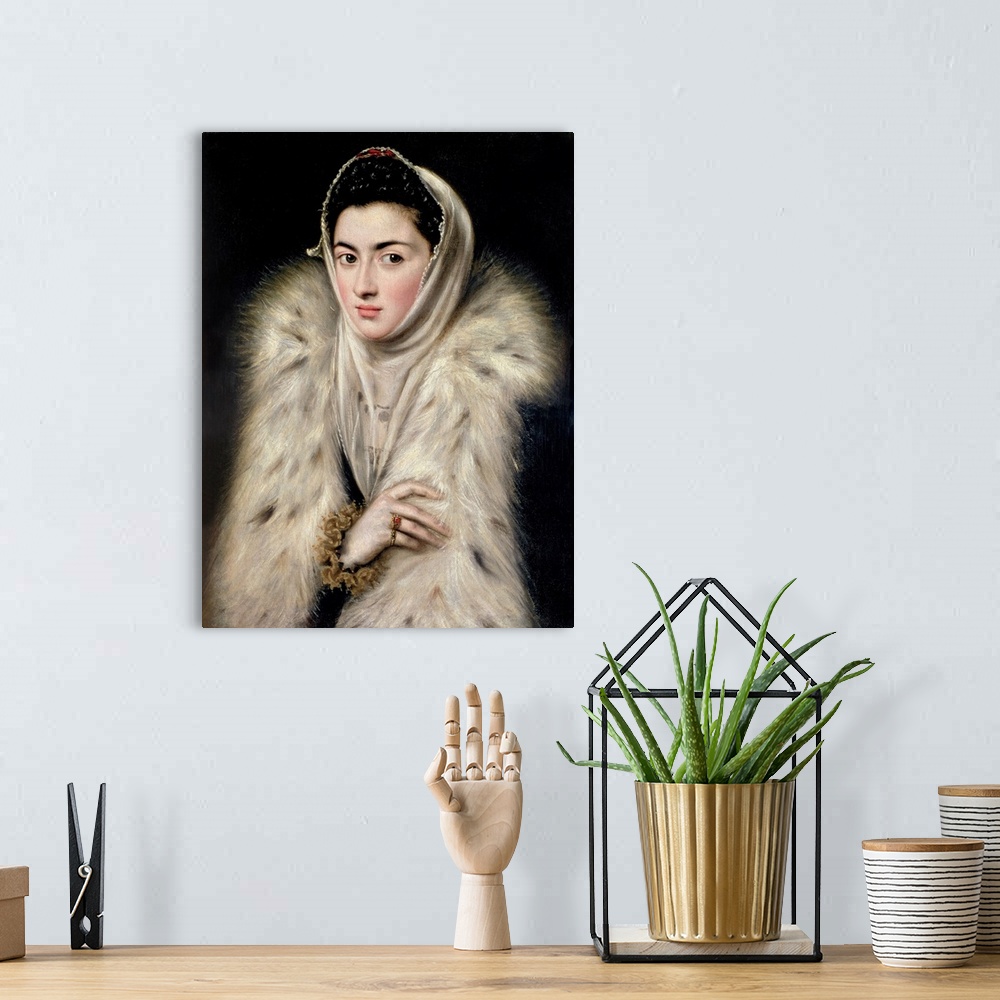 A bohemian room featuring GLS71621 Lady in a Fur Wrap (oil on canvas) by El Greco, Domenico (1541-1614) (after); 62.5x48.9 ...