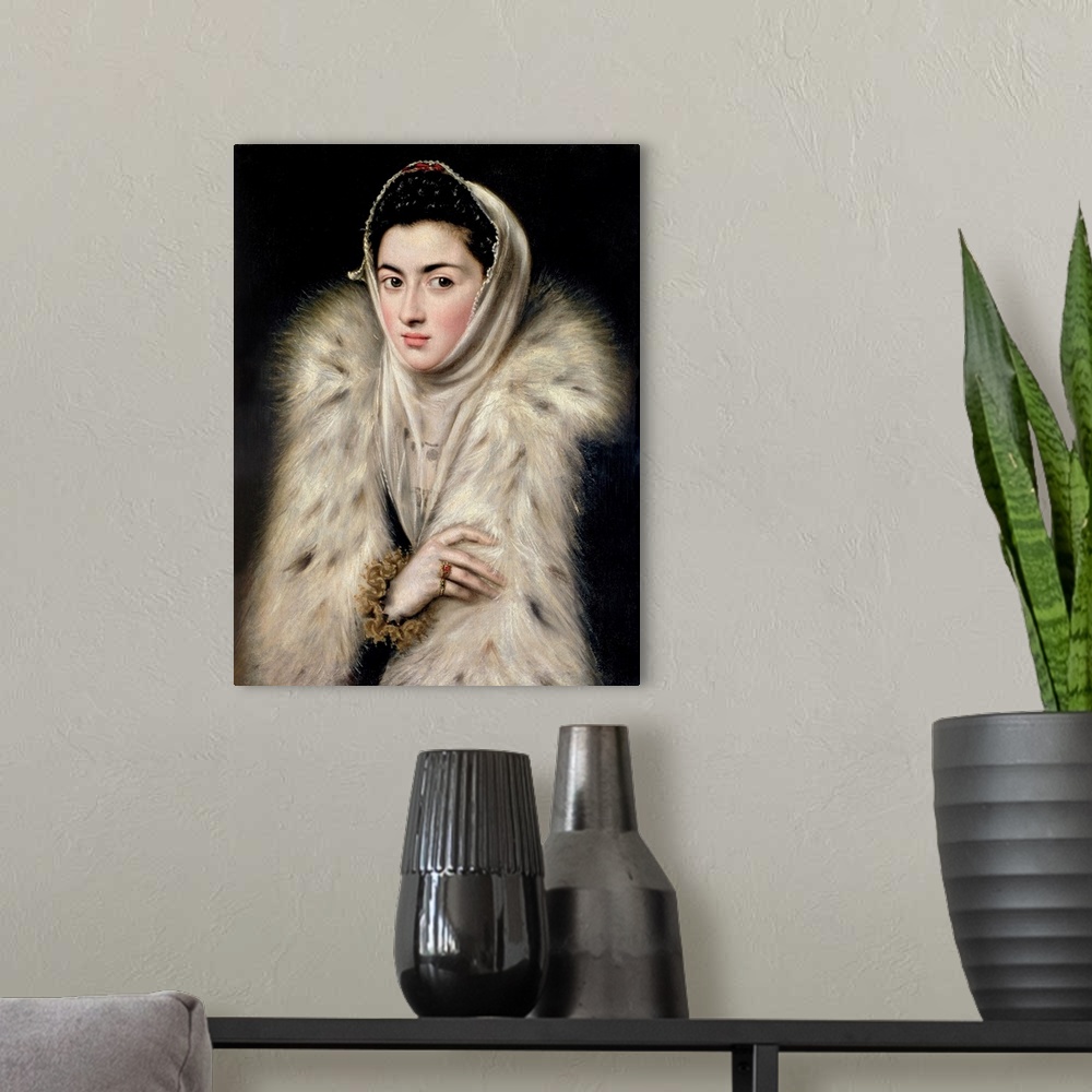 A modern room featuring GLS71621 Lady in a Fur Wrap (oil on canvas) by El Greco, Domenico (1541-1614) (after); 62.5x48.9 ...