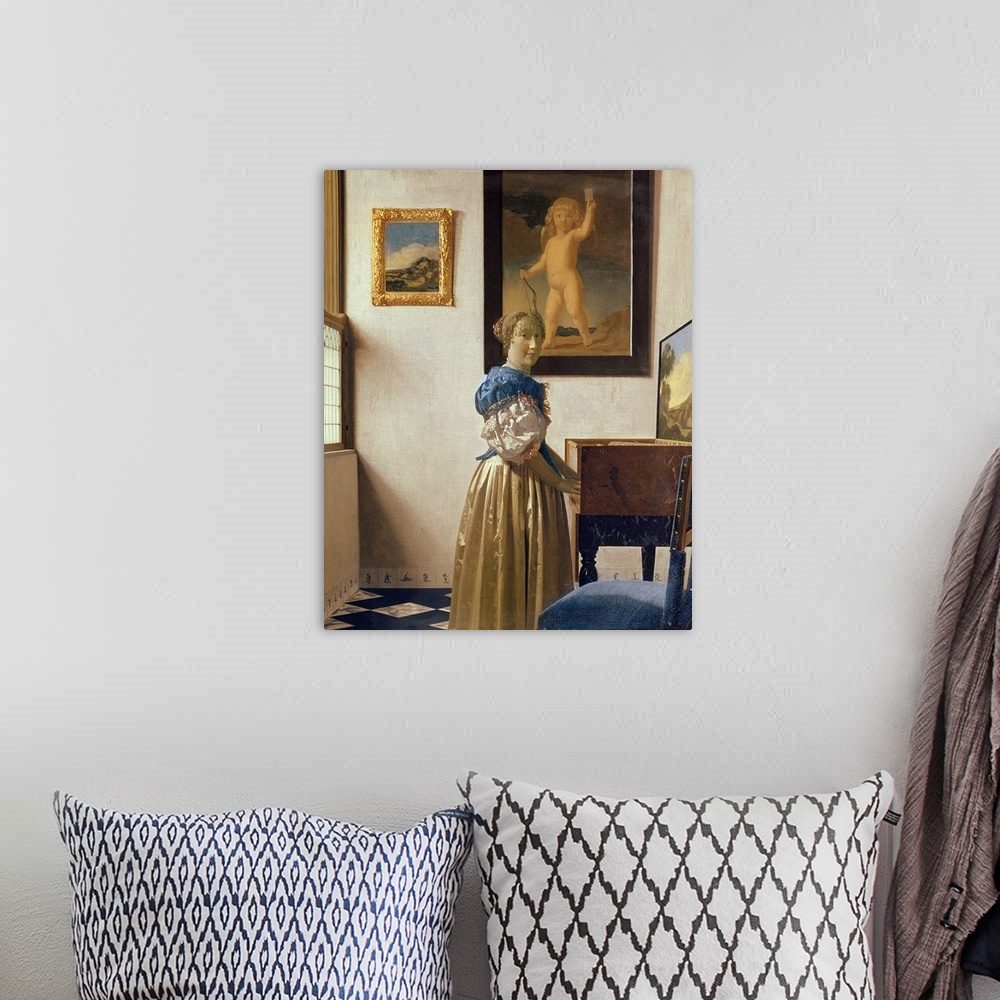 A bohemian room featuring BAL1764 Lady standing at the Virginal, c.1672-73 (oil on canvas)  by Vermeer, Jan (1632-75); Nati...